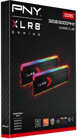 Photo de Kit Barrettes mémoire 32Go (2x16Go) DIMM DDR5 PNY XLR8 Gaming Epic-X RGB 6000MHz CL30 (Noir)