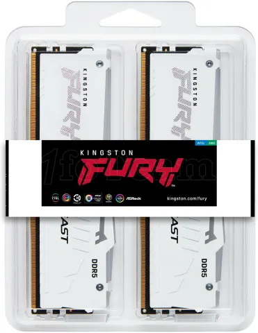 Photo de Kit Barrettes mémoire 64Go (2x32Go) DIMM DDR5 Kingston Fury Beast RGB 5600MHz (Blanc)