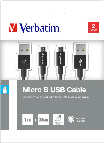 Photo de Lot de 2 Cables USB Verbatim Sync & Charge USB vers micro USB 1m et 0.3m (Noir)