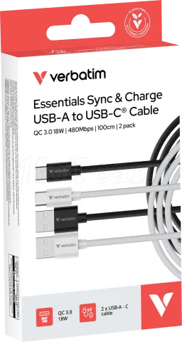 Photo de Lot de 2 cables Verbatim Essentials Sync & Charge USB-A vers USB-C 18W M/M 1m (Noir/Blanc)