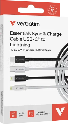 Photo de Lot de 2 cables Verbatim Essentials Sync & Charge USB-C 27W M/M 1m (Noir/Blanc)