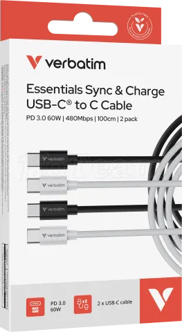 Photo de Lot de 2 cables Verbatim Essentials Sync & Charge USB-C 60W M/M 1m (Noir/Blanc)