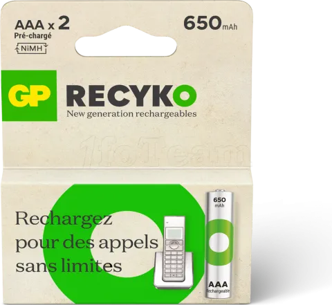 Photo de Lot de 2 piles rechargeables GP Batteries ReCyko type AAA (LR3) 650mAh