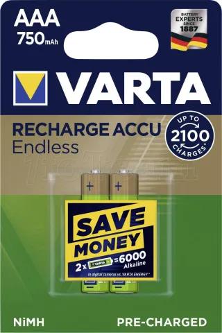 Photo de Lot de 2 piles rechargeables Varta Endless type AAA 1,2V 750mAh