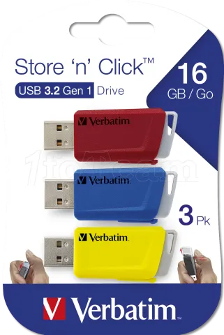 Photo de Lot de 3 Clés USB 3.2 Verbatim Store'N'Click - 16Go (Rouge/Bleu/Jaune)