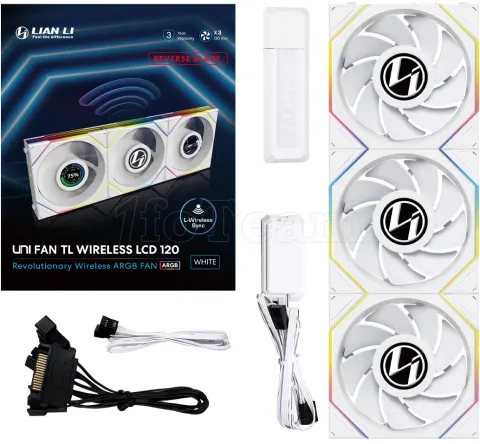 Photo de Lot de 3 Ventilateurs de boitier Lian Li Uni Fan TL Wireless LCD Reverse RGB - 12cm (Blanc)