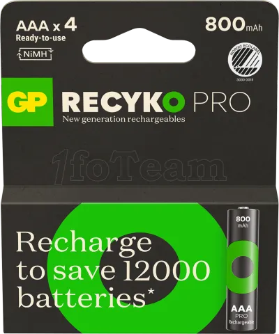 Photo de Lot de 4 piles rechargeables GP Batteries ReCyko Pro type AAA (LR3) 800mAh