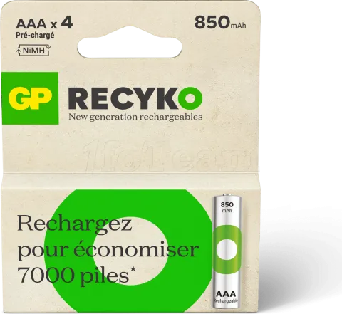 Photo de Lot de 4 piles rechargeables GP Batteries ReCyko type AAA (LR3) 850mAh