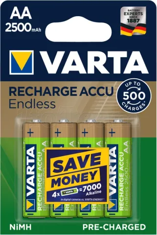 Photo de Lot de 4 piles rechargeables Varta Endless type AA 1,2V - 2500mAh (LR6)