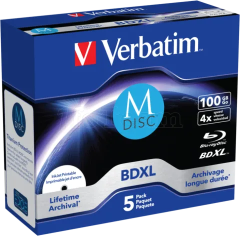 Photo de Lot de 5 M-Disc BD-R XL imprimables Verbatim BDXL - 100Go