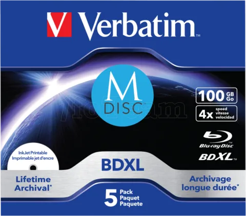 Photo de Lot de 5 M-Disc BD-R XL imprimables Verbatim BDXL - 100Go