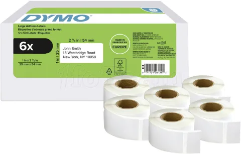 Photo de Lot de 6 Rouleaux de 500 étiquettes adhésives Dymo 2177564 - 25x54mm (Blanc)