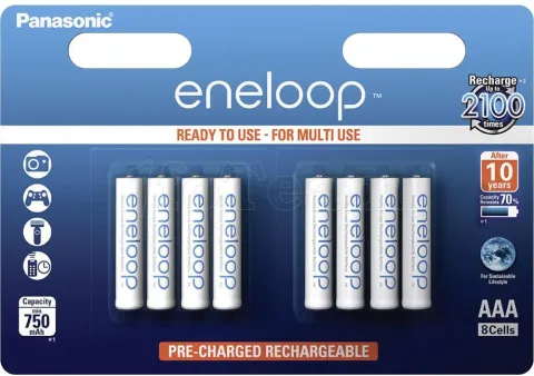 Photo de Lot de 8 piles rechargeables Panasonic Eneloop type AAA 1,2V - 750 mAh (R03)