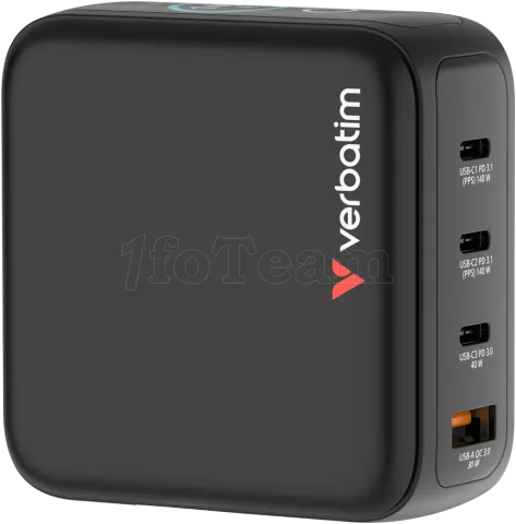 Photo de Mini chargeur secteur GaN Verbatim avec écran x3 USB C + x1 USB A 100W + cable inclus