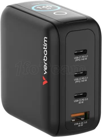 Photo de Mini chargeur secteur GaN Verbatim avec écran x3 USB C + x1 USB A 100W + cable inclus