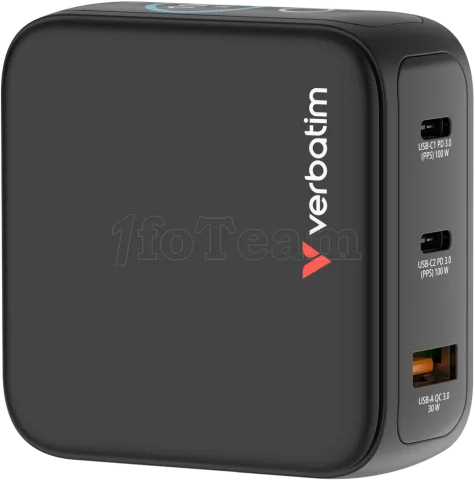 Photo de Mini chargeur secteur Verbatim avec écran x2 USB C + x1 USB A 100w (Noir)