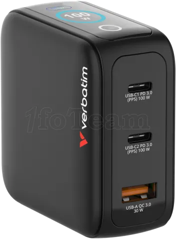 Photo de Mini chargeur secteur Verbatim avec écran x2 USB C + x1 USB A 100w (Noir)