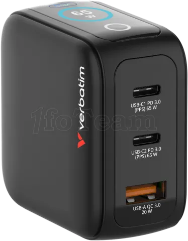 Photo de Mini chargeur secteur Verbatim avec écran x2 USB C + x1 USB A 65w (Noir)