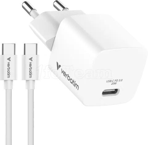 Photo de Mini chargeur secteur Verbatim GaN USB-C avec cable USB-C 20W (Blanc)