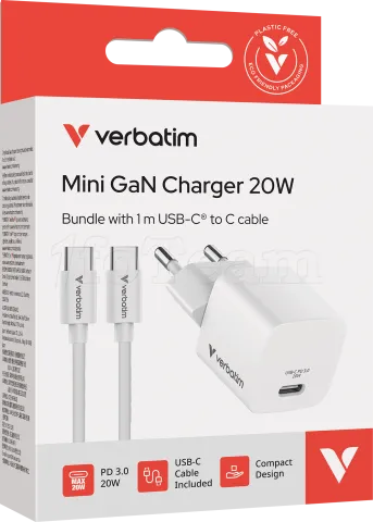Photo de Mini chargeur secteur Verbatim GaN USB-C avec cable USB-C 20W (Blanc)