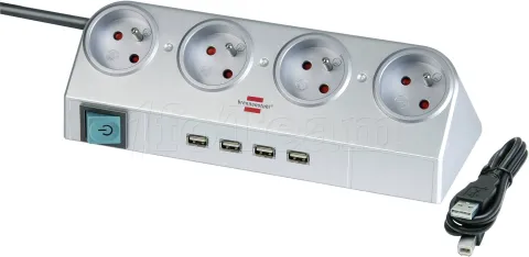 Photo de Multiprise de bureau Brennenstuhl 4 prises + Hub Usb 4 ports 1,80m (Argent)