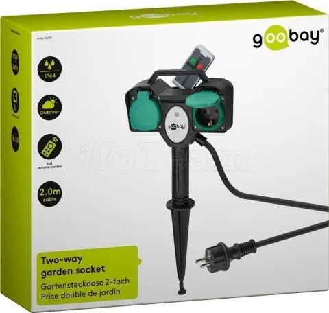 Photo de Multiprise extérieure Goobay 2 prises avec télécommande 2m (Noir/Vert)