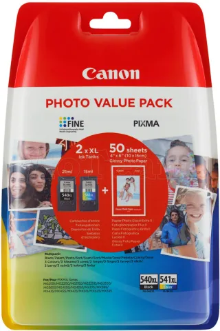 Photo de Pack 2 cartouches d'encre CANON PG-540/541 XL + 50 feuilles 10x15 (Noir, Couleurs)