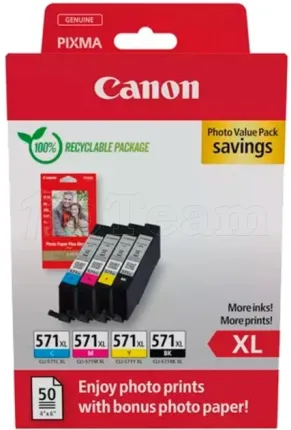 Photo de Pack 4 cartouches d'encre Canon CLI-571XL (Noir + Couleurs) + 50x Papiers photo