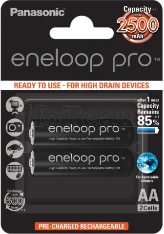 Photo de Pack blister de 2 piles rechargeables Panasonic Eneloop Pro type AA 1,2V - 2500 mAh (R06)