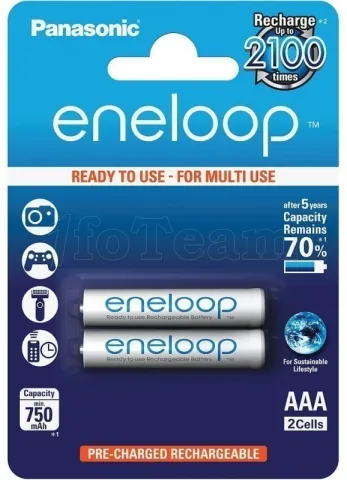 Photo de Pack blister de 2 piles rechargeables Panasonic Eneloop type AAA 1,2V - 750mAh (LR03)