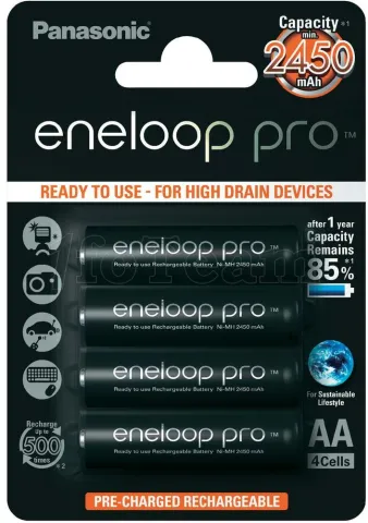 Photo de Pack blister de 4 piles rechargeables Panasonic Eneloop Pro type AA 1,2V - 2450 mAh (R06)