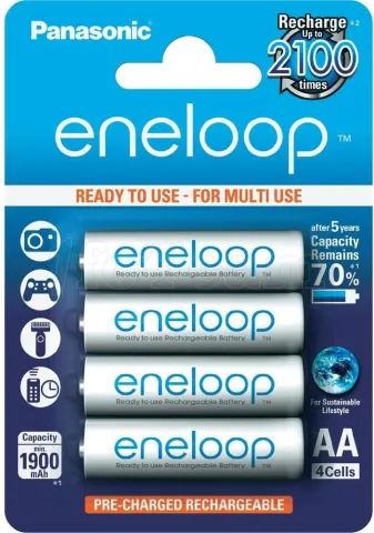 Photo de Pack blister de 4 piles rechargeables Panasonic Eneloop type AA 1,2V - 1900 mAh (R06)