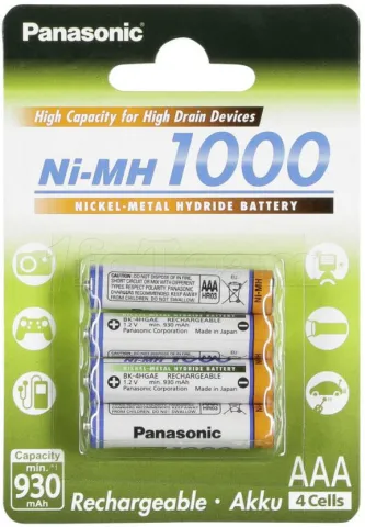 Photo de Pack blister de 4 piles rechargeables Panasonic NiMH 1000 type AAA 1,2V - 930 mAh (LR03)