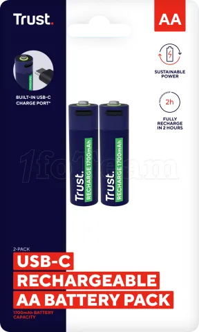 Photo de Pack de 2 piles rechargeables par USB-C Trust type AA - 1700 mAh (R06)