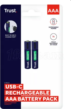 Photo de Pack de 2 piles rechargeables par USB-C Trust type AAA - 500mAh (LR03)