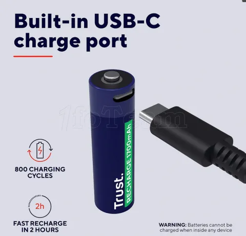 Photo de Pack de 4 piles rechargeables par USB-C Trust type AA - 1700 mAh - Cable recharge inclus (R06)