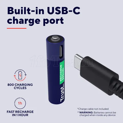 Photo de Pack de 4 piles rechargeables par USB-C Trust type AAA - 500 mAh - Cable recharge inclus (LR03)