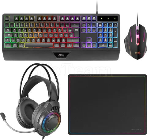 Photo de Pack Gamer 4en1 (Clavier/Souris/Casque/Tapis) Mars Gaming MCP-124 Pro (Noir)
