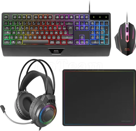Photo de Pack Gamer 4en1 (Clavier/Souris/Casque/Tapis) Mars Gaming MCP-124 Pro (Noir)