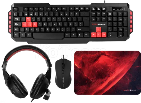 Photo de Pack Gamer 4en1 (Clavier/Souris/Casque/Tapis) Mars Gaming MRCP1 (Noir/Rouge)