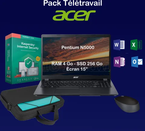 Photo de Pack Télétravail Acer - Pentium N5000 / 4Go / 256 SSD / 15" / Win 10 / Office Home and Business / Kaspersky IS