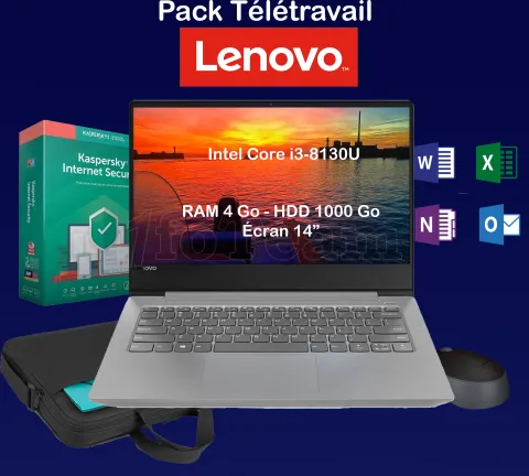 Photo de Pack Télétravail Lenovo - I3 / 4Go / 1To / 14" / Win 10P / Office Home and Business / Kaspersky IS