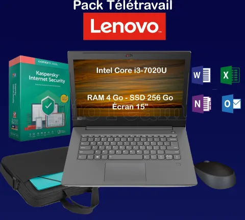 Photo de Pack Télétravail Lenovo - I3 / 4Go / 256GoSSD / 15,6" / Win 10 / Kaspersky IS
