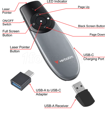 Photo de Pointeur Laser sans fil Verbatim Focus Wireless Presenter (Gris)