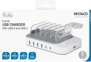 Photo de Station de charge USB Deltaco 4 ports USB-A + 2 ports USB-C (sans câble) (Blanc)