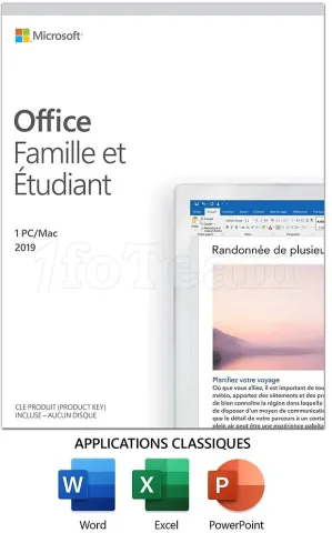 Photo de Suite Bureautique Microsoft Office Famille et Etudiant 2019 - 1 poste (PKC - Carte d'activation)