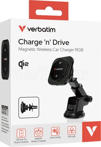 Photo de Support de téléphone à ventouse pour voiture Verbatim Charge 'n' Drive Qi2 RVB avec chargeur induction