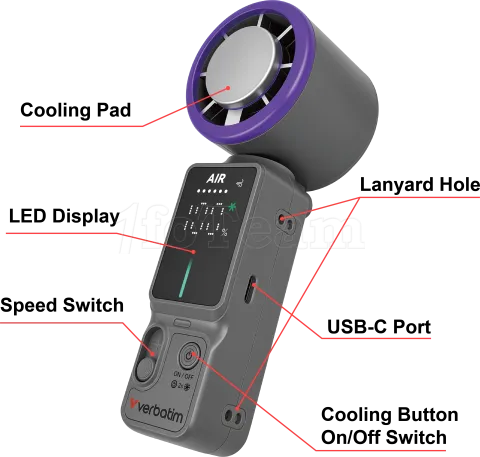 Photo de Ventilateur à main sur batterie Verbatim Cool'n'Go Ice Touch Pro (Violet/Gris)
